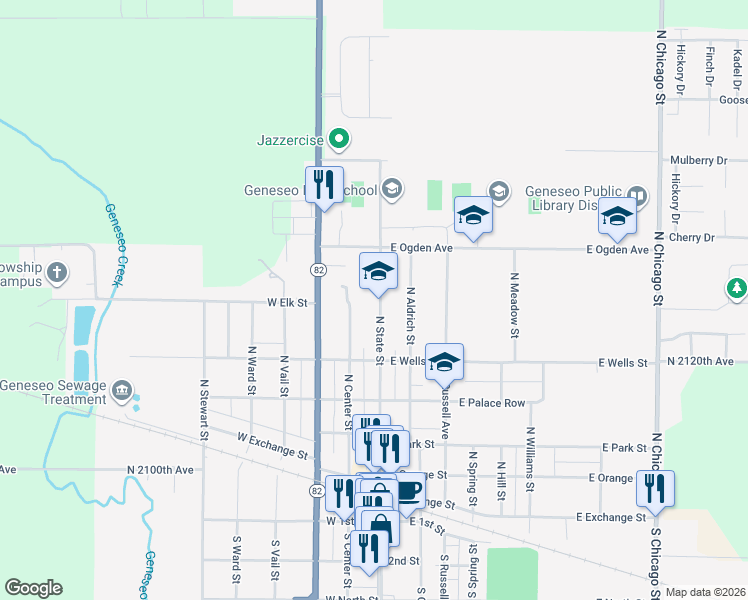 map of restaurants, bars, coffee shops, grocery stores, and more near 603 North State Street in Geneseo