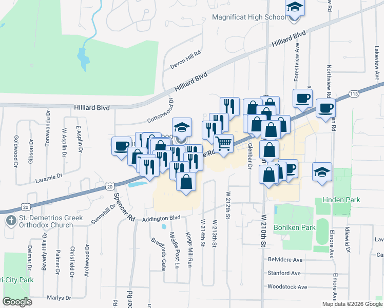 map of restaurants, bars, coffee shops, grocery stores, and more near 21641 Highway 20 in Rocky River
