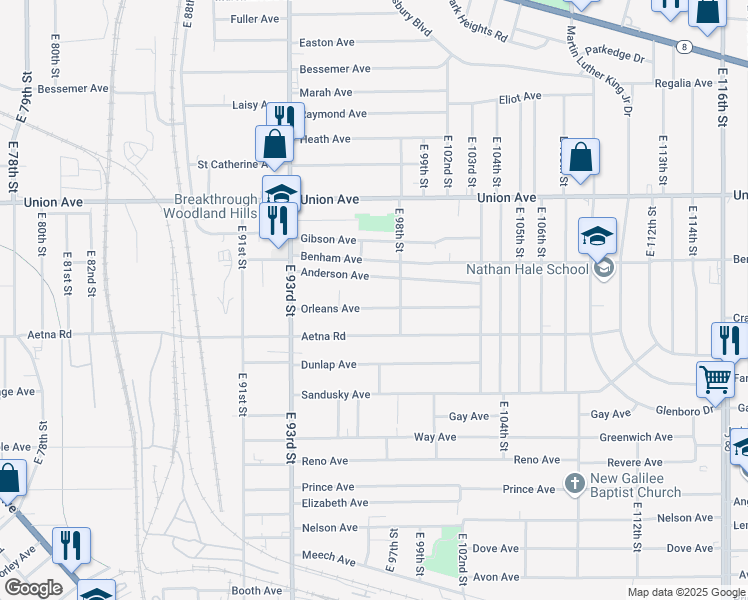 map of restaurants, bars, coffee shops, grocery stores, and more near 9703 Orleans Avenue in Cleveland