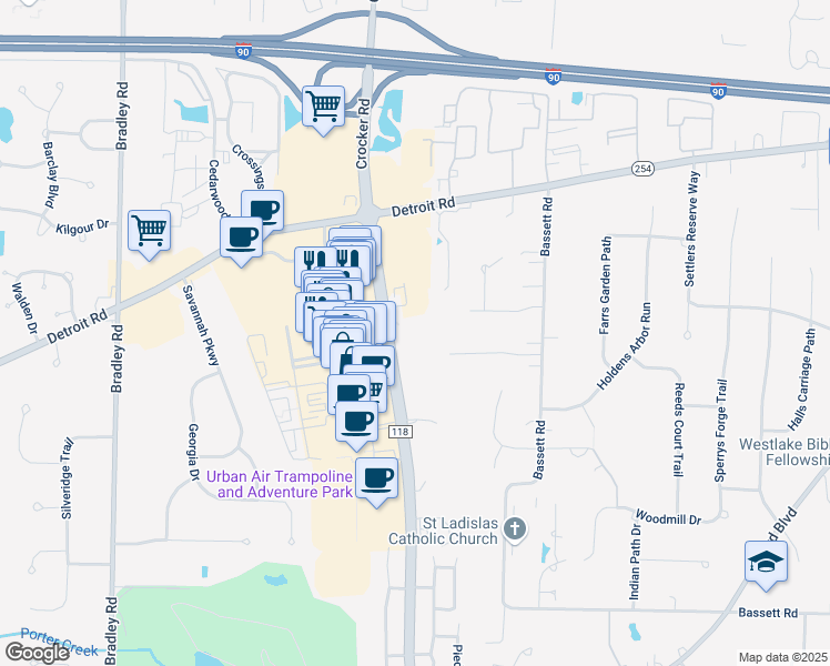 map of restaurants, bars, coffee shops, grocery stores, and more near 2035 Crocker Road in Westlake