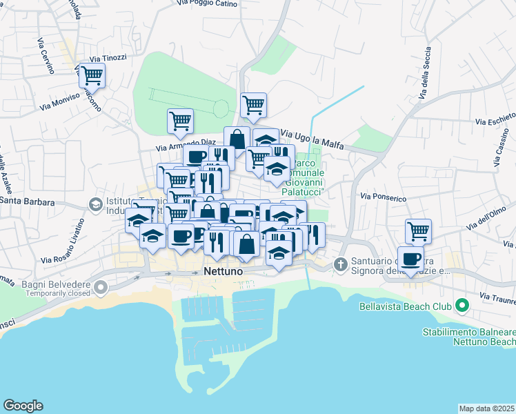 map of restaurants, bars, coffee shops, grocery stores, and more near 80 Via Lombardia in Nettuno