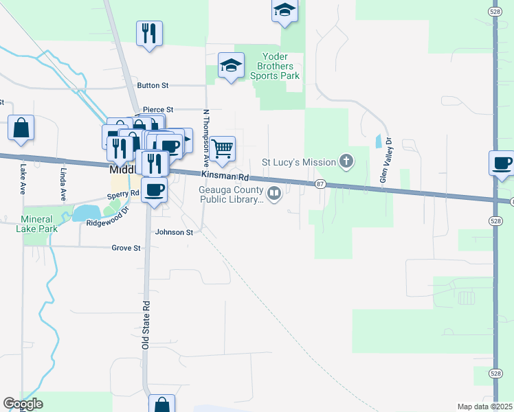 map of restaurants, bars, coffee shops, grocery stores, and more near 16129 East High Street in Middlefield
