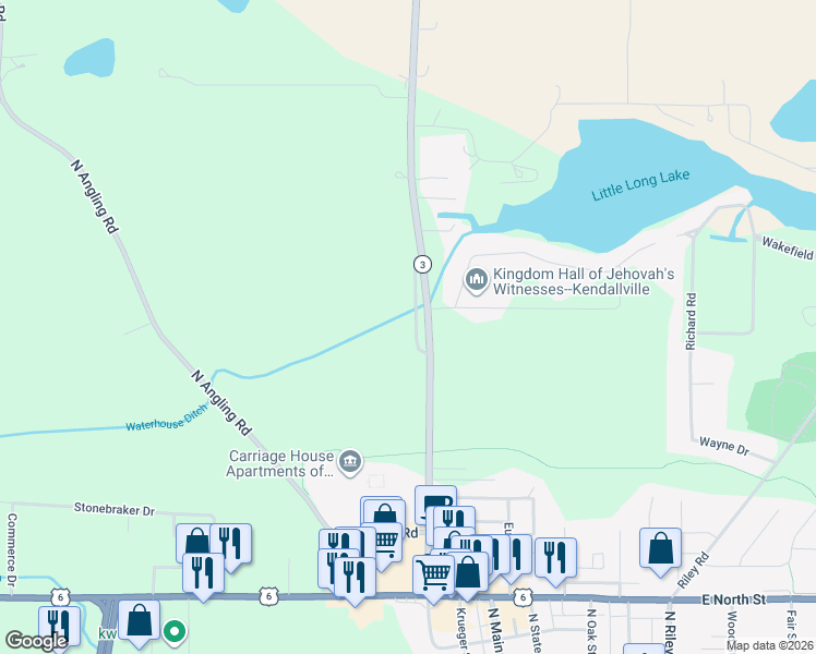 map of restaurants, bars, coffee shops, grocery stores, and more near Indiana 3 in Kendallville
