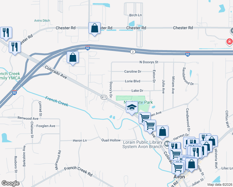map of restaurants, bars, coffee shops, grocery stores, and more near 37961 Lake Drive in Avon