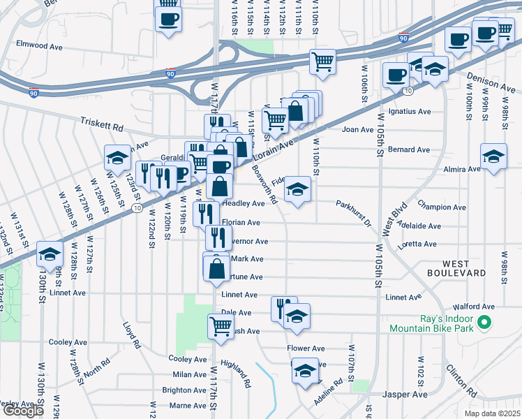 map of restaurants, bars, coffee shops, grocery stores, and more near 11400 Florian Avenue in Cleveland