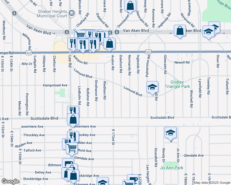 map of restaurants, bars, coffee shops, grocery stores, and more near 3662 Daleford Road in Shaker Heights