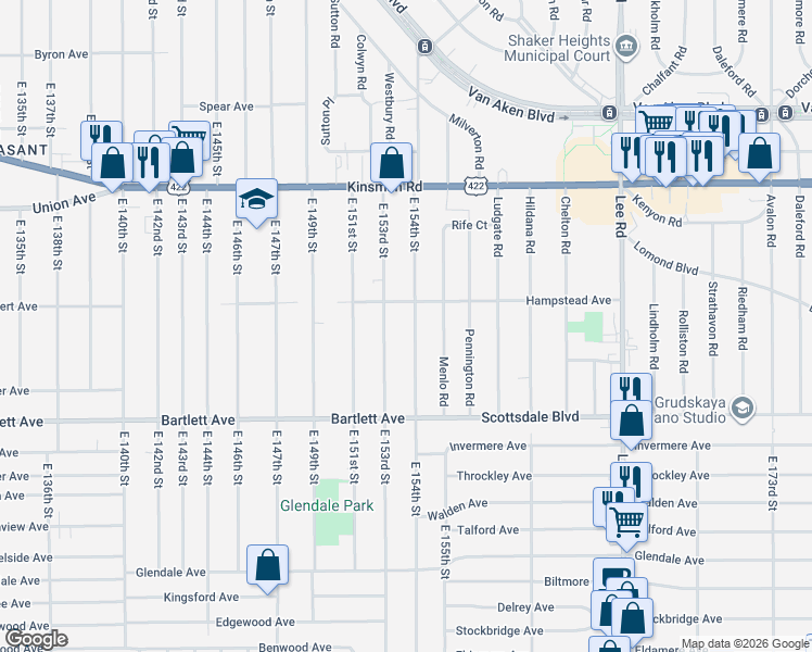 map of restaurants, bars, coffee shops, grocery stores, and more near 3657 East 154th Street in Cleveland
