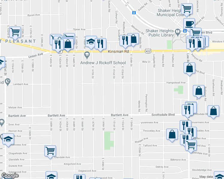 map of restaurants, bars, coffee shops, grocery stores, and more near 3656 East 151st Street in Cleveland
