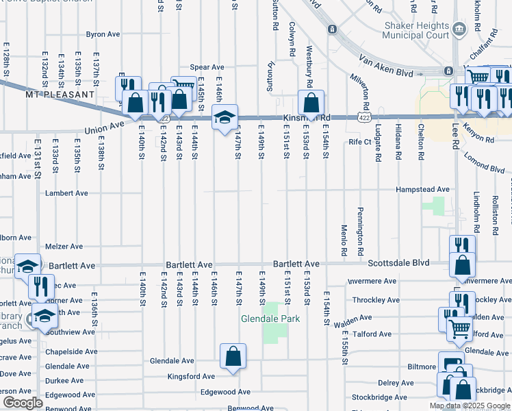 map of restaurants, bars, coffee shops, grocery stores, and more near 3658 East 149th Street in Cleveland