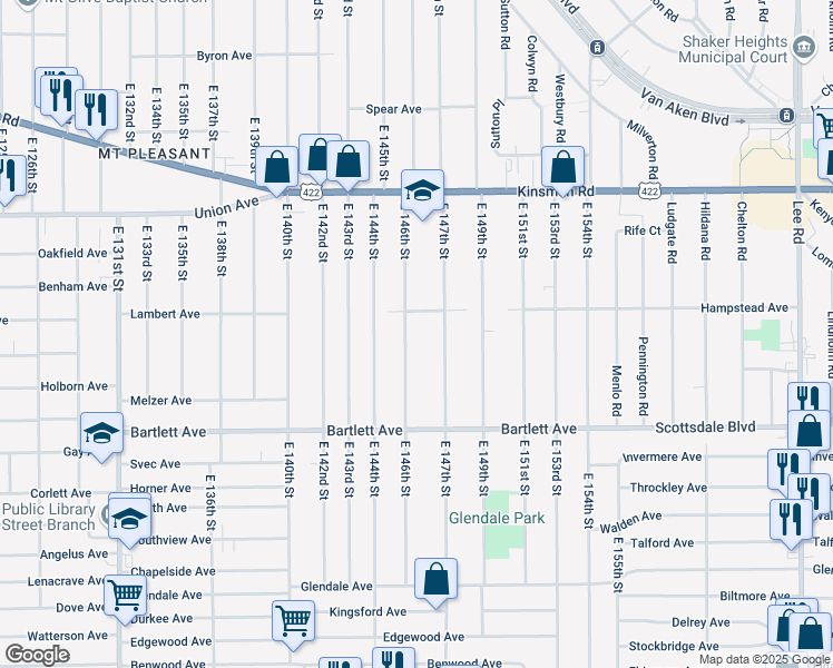 map of restaurants, bars, coffee shops, grocery stores, and more near 3656 East 147th Street in Cleveland