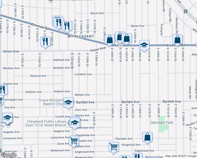 map of restaurants, bars, coffee shops, grocery stores, and more near 3642 East 139th Street in Cleveland