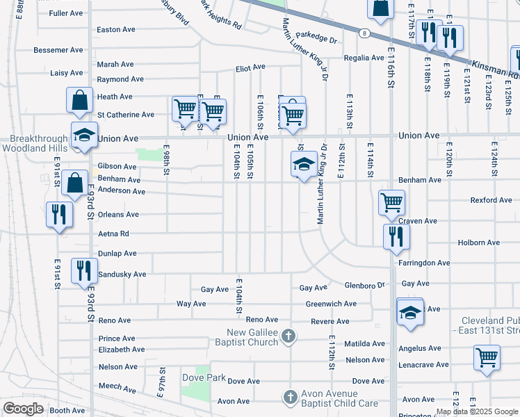 map of restaurants, bars, coffee shops, grocery stores, and more near 3627 East 106th Street in Cleveland