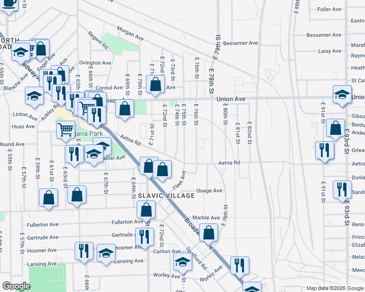 map of restaurants, bars, coffee shops, grocery stores, and more near 3616 East 75th Street in Cleveland