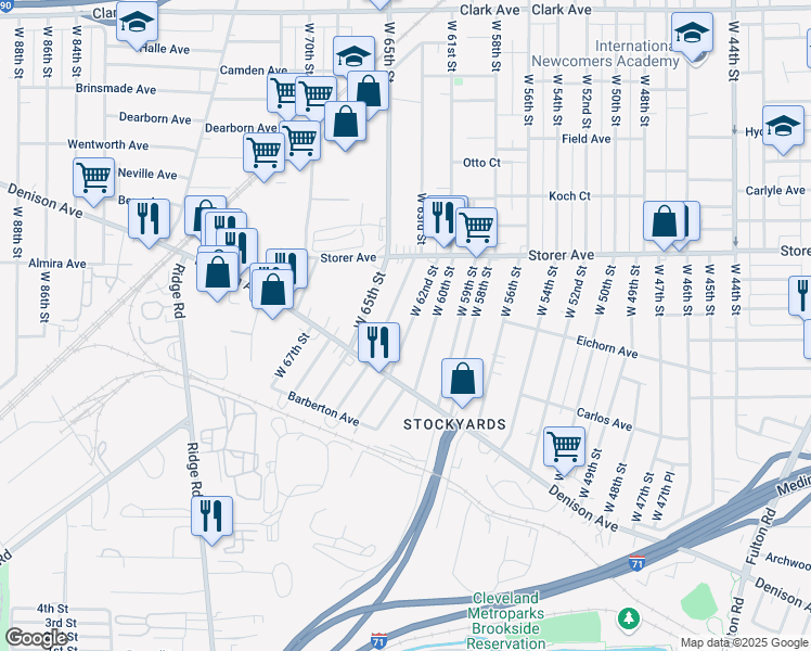 map of restaurants, bars, coffee shops, grocery stores, and more near 3467 West 62nd Street in Cleveland