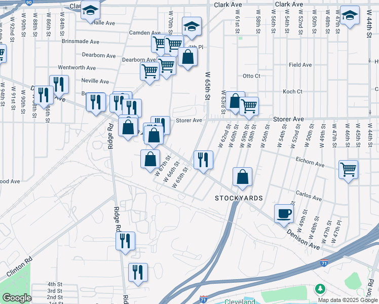 map of restaurants, bars, coffee shops, grocery stores, and more near 6514 Denison Avenue in Cleveland