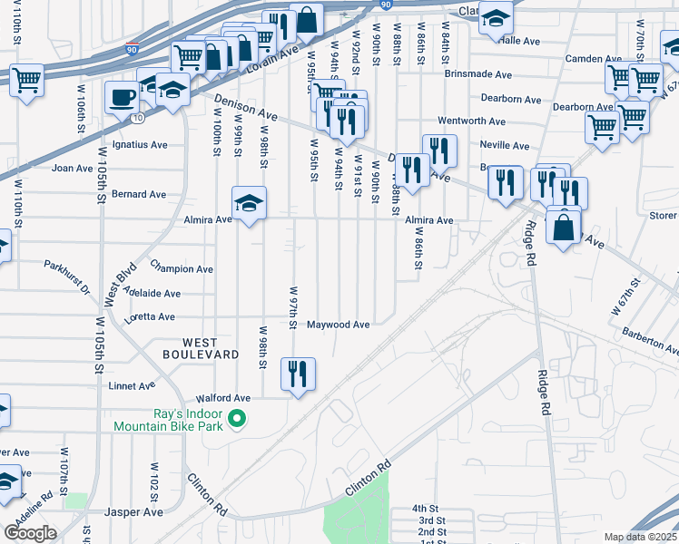 map of restaurants, bars, coffee shops, grocery stores, and more near 3452 West 91st Street in Cleveland