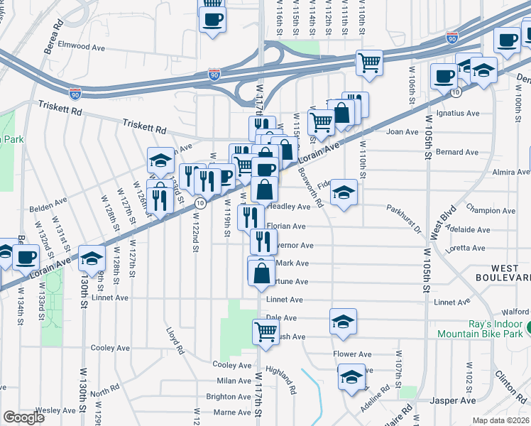 map of restaurants, bars, coffee shops, grocery stores, and more near 11520 Florian Avenue in Cleveland