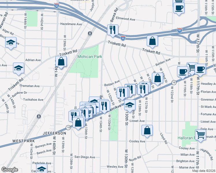 map of restaurants, bars, coffee shops, grocery stores, and more near 3395 West 133rd Street in Cleveland