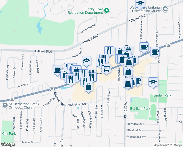 map of restaurants, bars, coffee shops, grocery stores, and more near 21641 Highway 20 in Rocky River