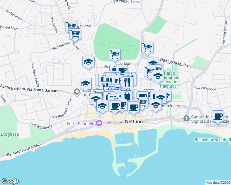 map of restaurants, bars, coffee shops, grocery stores, and more near 38 Via 25 Luglio in Nettuno
