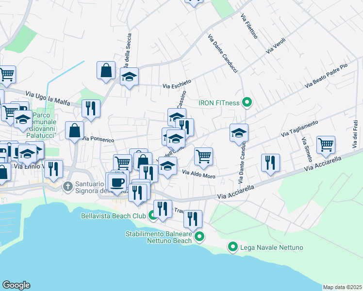 map of restaurants, bars, coffee shops, grocery stores, and more near 35 Via dell'Olmo in Nettuno