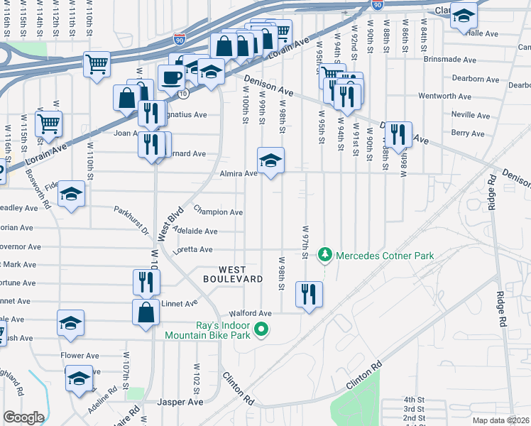 map of restaurants, bars, coffee shops, grocery stores, and more near 3444 West 98th Street in Cleveland