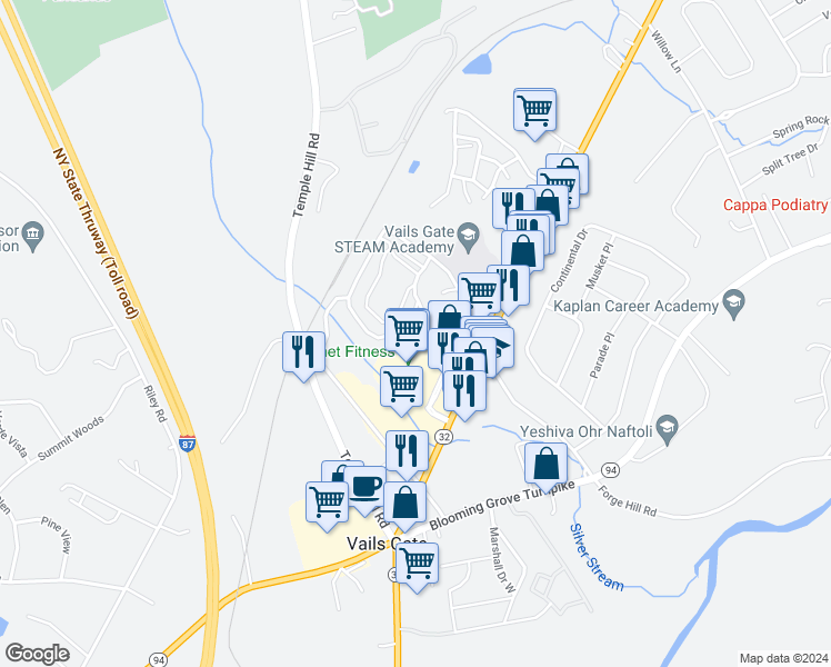 map of restaurants, bars, coffee shops, grocery stores, and more near 83 Vails Gate Heights Drive in New Windsor