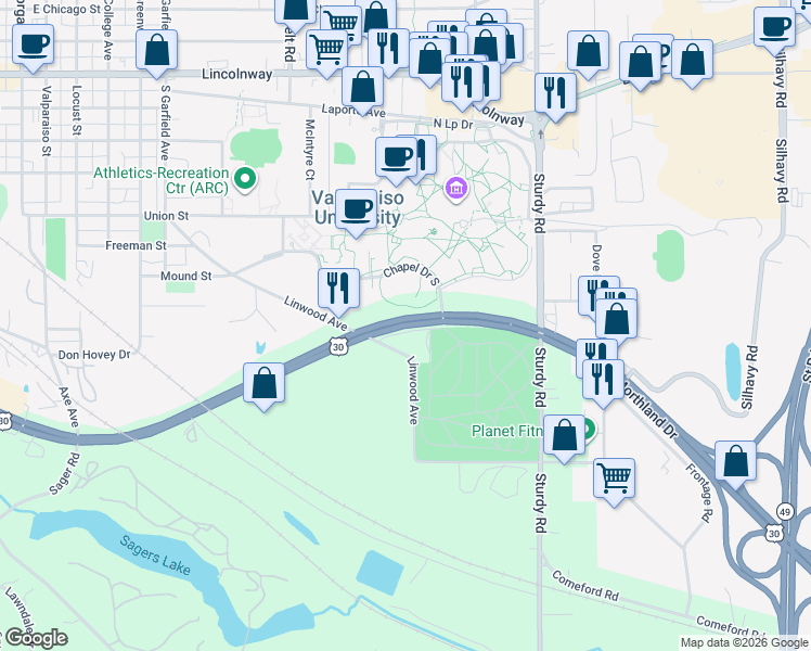 map of restaurants, bars, coffee shops, grocery stores, and more near 1449 East Morthland Drive in Valparaiso