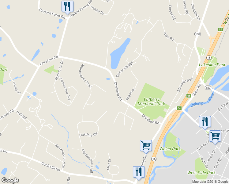 map of restaurants, bars, coffee shops, grocery stores, and more near 61 Cheshire Road in Wallingford