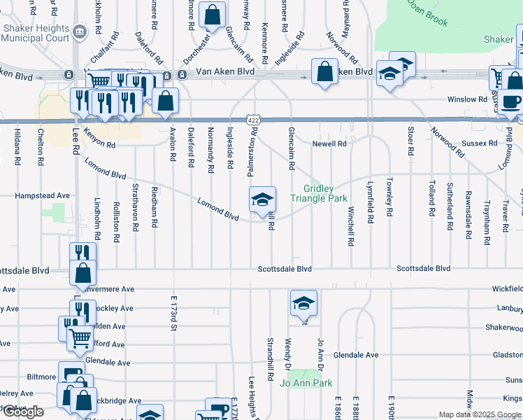 map of restaurants, bars, coffee shops, grocery stores, and more near 17917 Lomond Boulevard in Shaker Heights