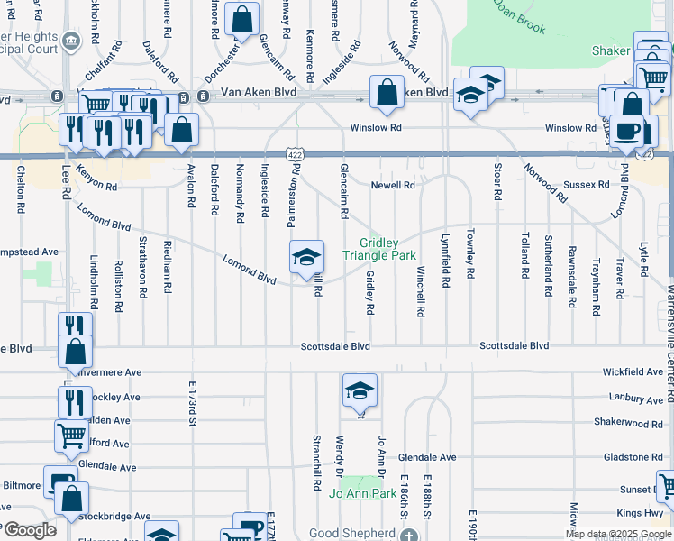 map of restaurants, bars, coffee shops, grocery stores, and more near 18129 Lomond Boulevard in Shaker Heights