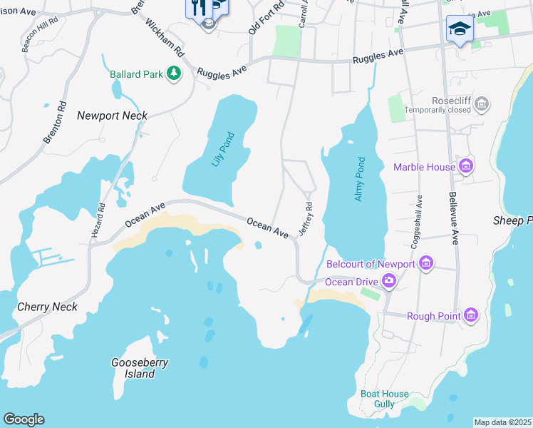 map of restaurants, bars, coffee shops, grocery stores, and more near 111 Ocean Avenue in Newport