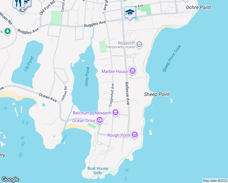 map of restaurants, bars, coffee shops, grocery stores, and more near 194 Coggeshall Avenue in Newport