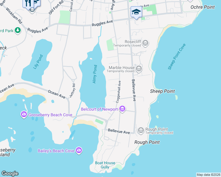 map of restaurants, bars, coffee shops, grocery stores, and more near 11 Casey Court in Newport