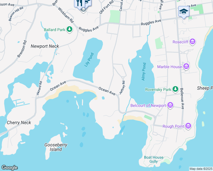 map of restaurants, bars, coffee shops, grocery stores, and more near 111 Ocean Avenue in Newport