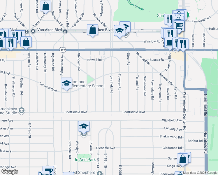 map of restaurants, bars, coffee shops, grocery stores, and more near 3658 Lynnfield Road in Shaker Heights