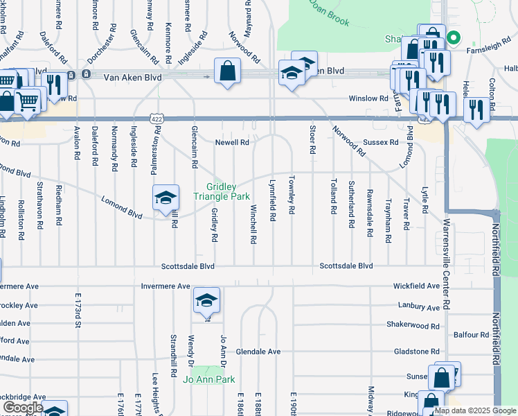 map of restaurants, bars, coffee shops, grocery stores, and more near 3658 Lynnfield Road in Shaker Heights