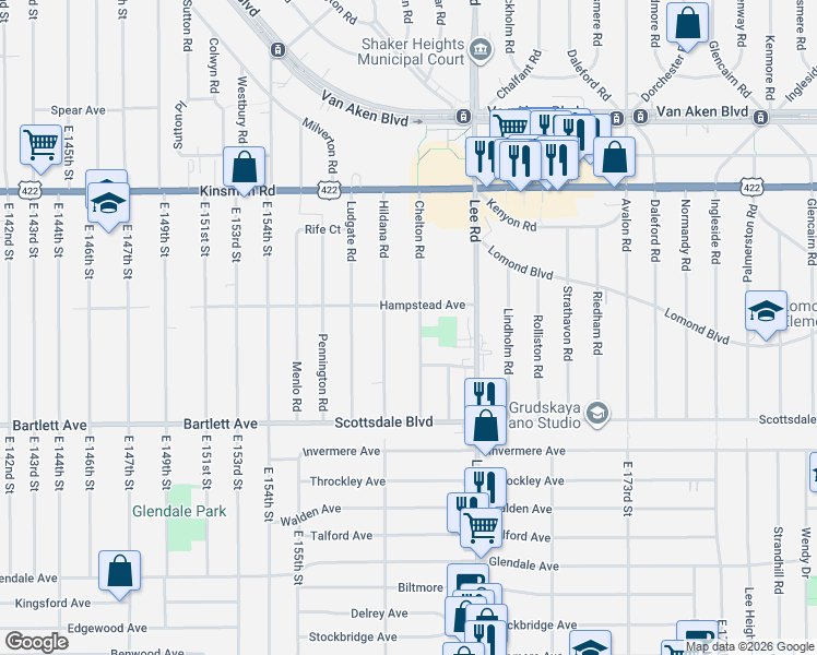 map of restaurants, bars, coffee shops, grocery stores, and more near 3659 Chelton Road in Shaker Heights