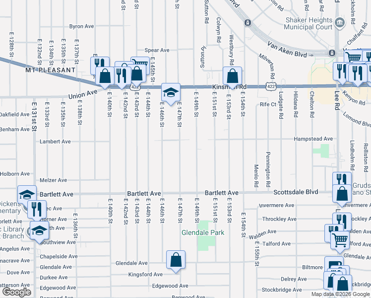 map of restaurants, bars, coffee shops, grocery stores, and more near 3658 East 149th Street in Cleveland