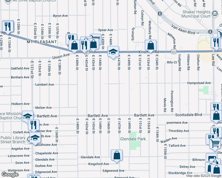 map of restaurants, bars, coffee shops, grocery stores, and more near 3656 East 146th Street in Cleveland