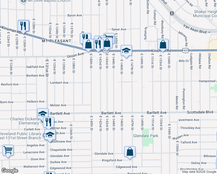 map of restaurants, bars, coffee shops, grocery stores, and more near 3653 East 143rd Street in Cleveland