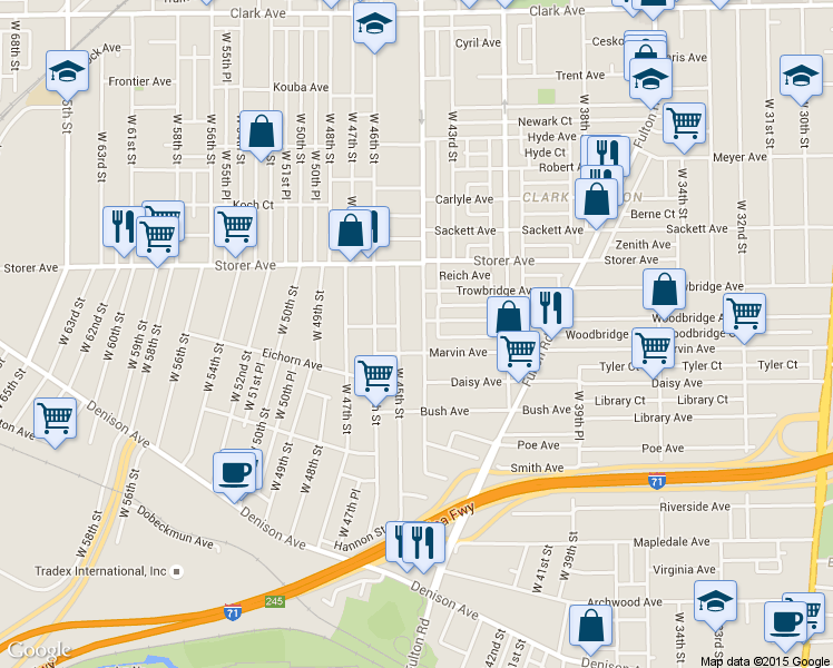 map of restaurants, bars, coffee shops, grocery stores, and more near 3469 West 45th Street in Cleveland