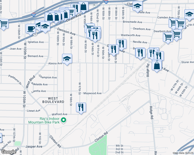 map of restaurants, bars, coffee shops, grocery stores, and more near 3452 West 91st Street in Cleveland