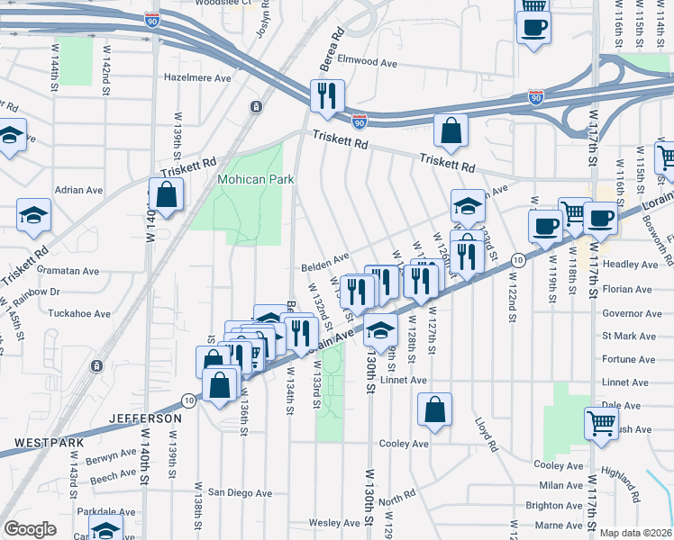 map of restaurants, bars, coffee shops, grocery stores, and more near 3398 West 131st Street in Cleveland