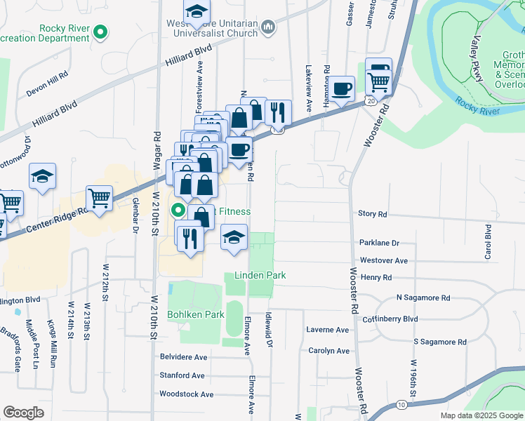 map of restaurants, bars, coffee shops, grocery stores, and more near 3303 Linden Road in Cleveland