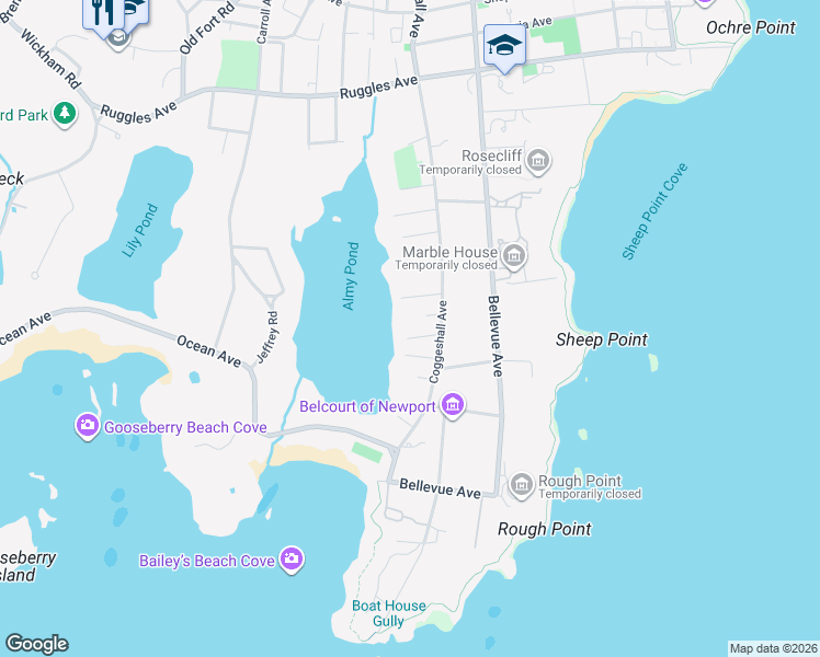 map of restaurants, bars, coffee shops, grocery stores, and more near 11 Casey Court in Newport