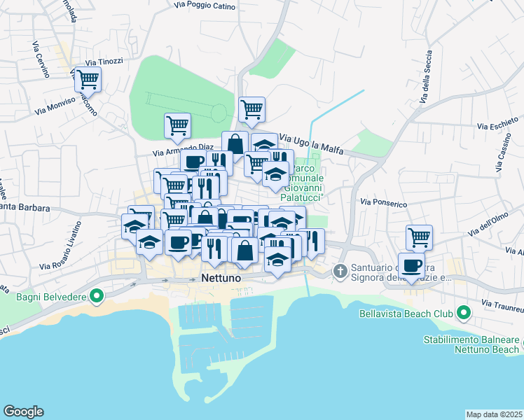 map of restaurants, bars, coffee shops, grocery stores, and more near 80/A Via Lombardia in Nettuno