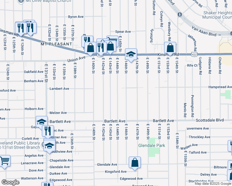 map of restaurants, bars, coffee shops, grocery stores, and more near 3642 East 144th Street in Cleveland