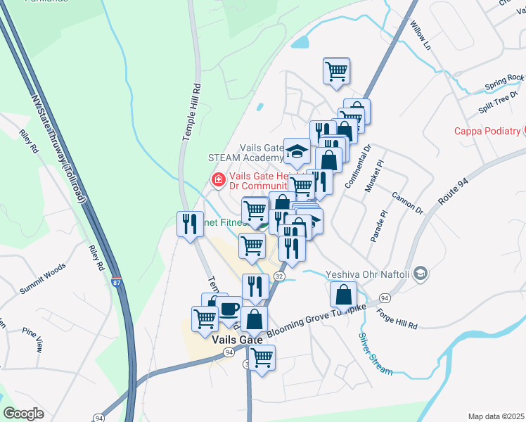 map of restaurants, bars, coffee shops, grocery stores, and more near 83 Vails Gate Heights Drive in New Windsor