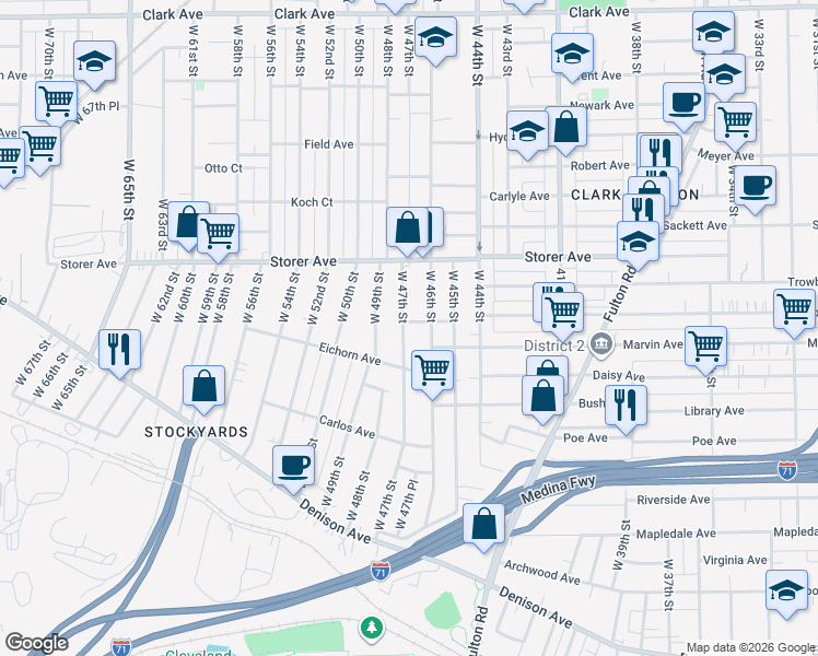 map of restaurants, bars, coffee shops, grocery stores, and more near 3449 West 47th Street in Cleveland